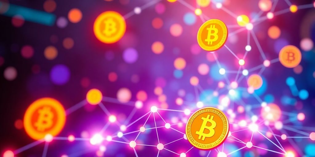 Abstract digital currency flowing through interconnected nodes.