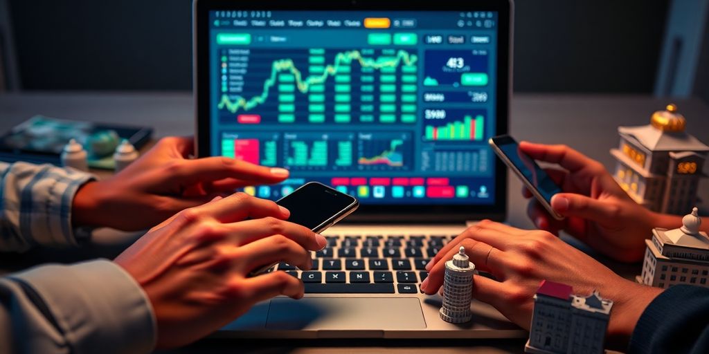 Laptop, diverse hands, global currencies.