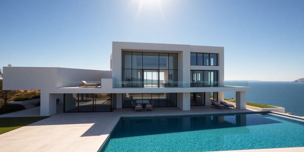 Luxury portuguese villa exterior with a subtle financial overlay.