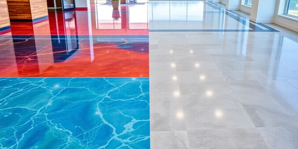 Glossy epoxy and smooth polished concrete flooring comparison.