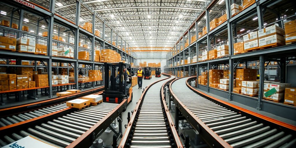 Deutsches Sortierzentrum mit Paketförderbändern und Gabelstaplern.