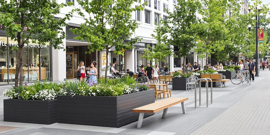 Arredo urbano moderno in un'area pubblica vibrante.