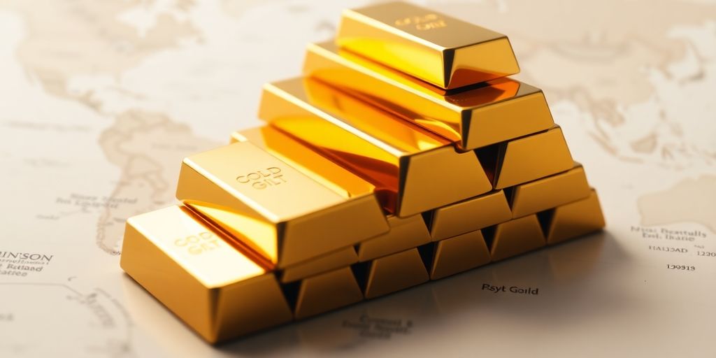 Des lingots d'or brillants sur une carte du monde.