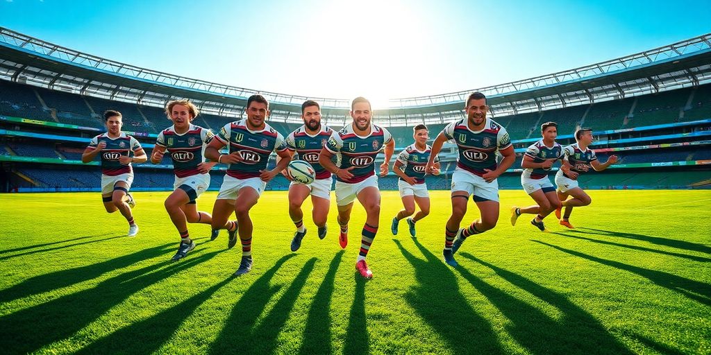 NRL players in action on a stadium field.