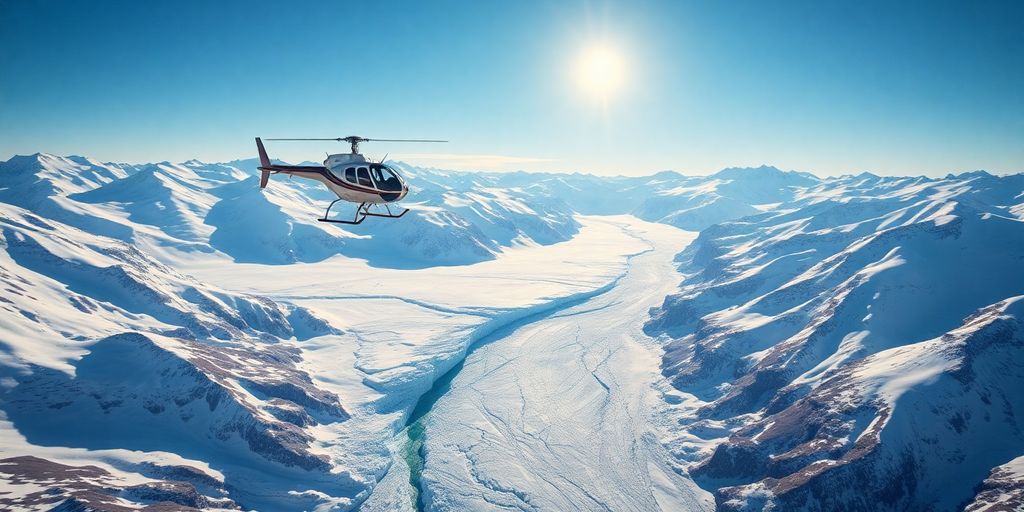 A helicopter flies over a massive Alaskan glacier and mountains.