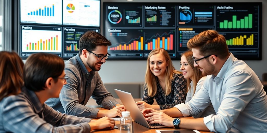 Profissionais de marketing digital colaborando no escritório.