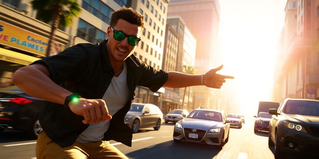 Grand Theft Auto VI personnage dans un paysage urbain.