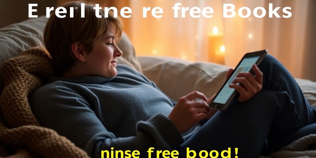 A person reading a book on a tablet in a cozy space.