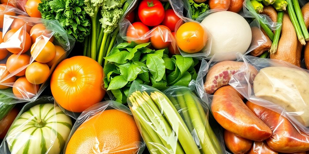 Fresh food sealed in protective, clear packaging.