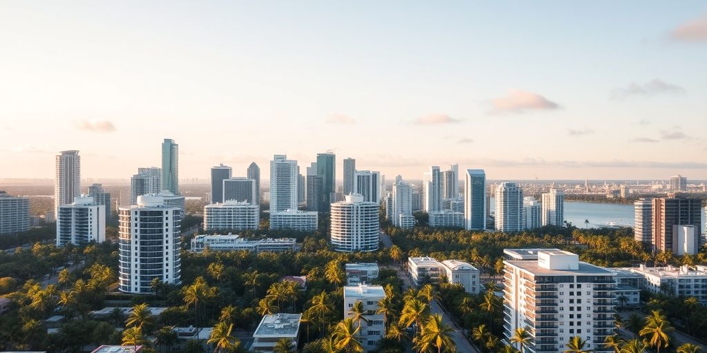 Miami Dade skyline with palm trees and luxury condos.