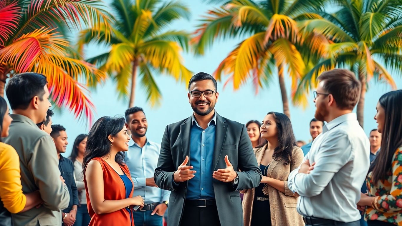 Influencer connecting with B2B audience amidst tropical scenery.