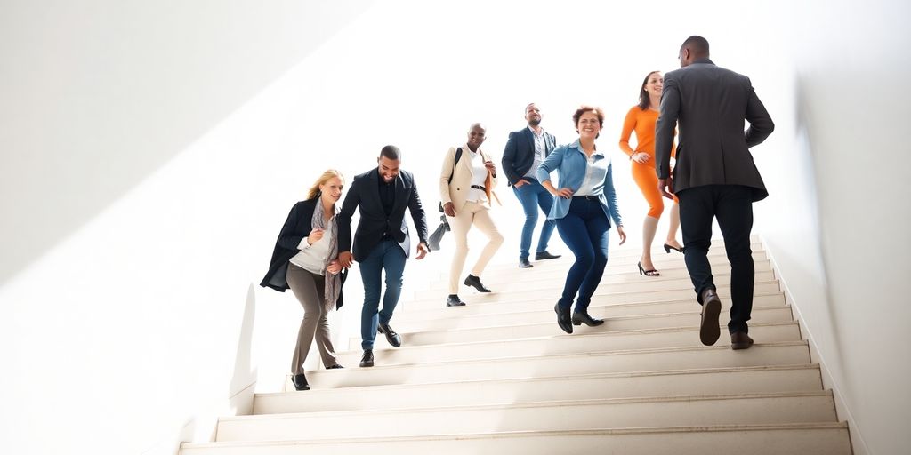 People ascending a staircase towards leadership positions.