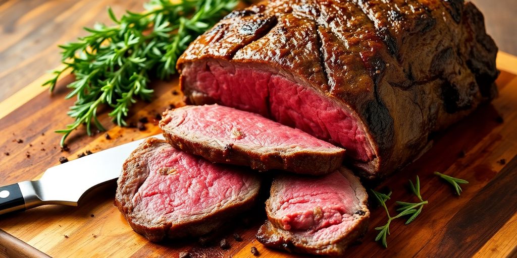 Perfectly roasted sirloin, vibrant herbs, rustic cutting board.