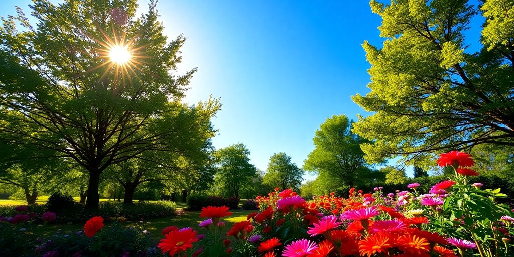 Bright sunny landscape with flowers and clear blue sky.