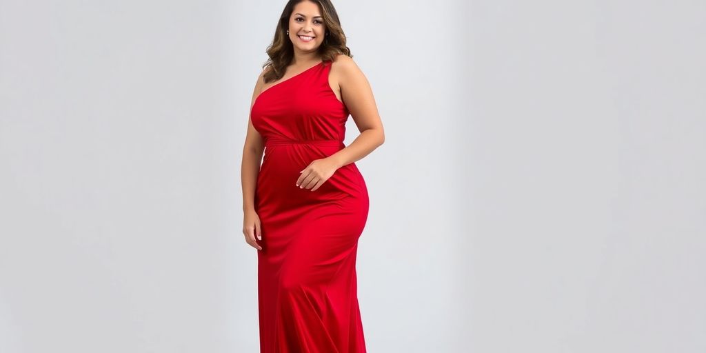 Woman in a flowing red plus size cocktail dress.