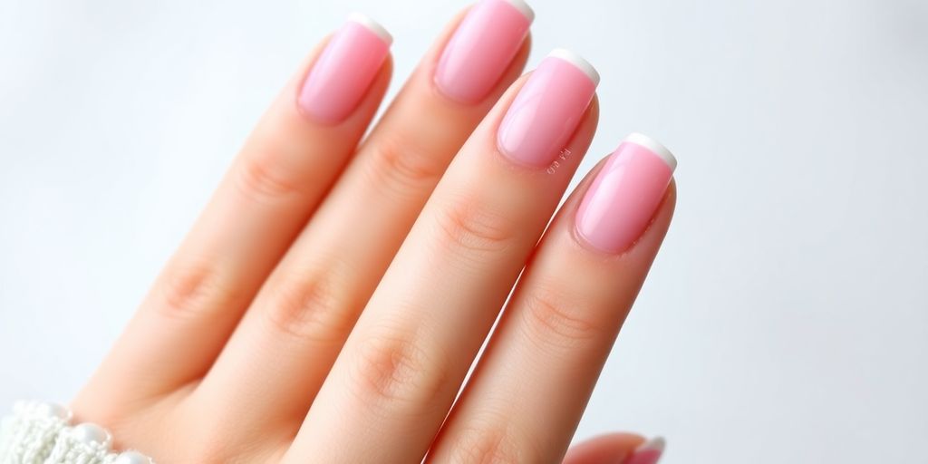 Unhas de gel com francesinha rosa delicada.