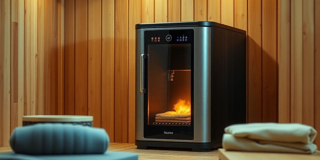 Modern elektrischer Saunaofen in einer gemütlichen Heimsauna.