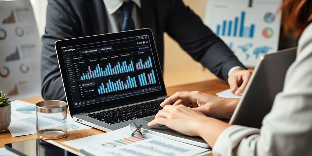 Business professional calculating return on investment with laptop.