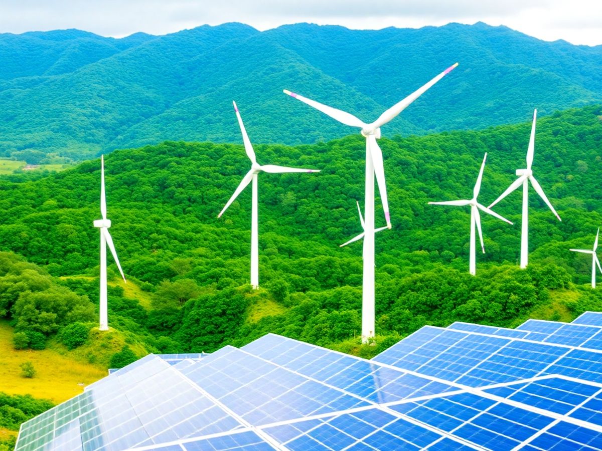 Turbine eoliene și panouri solare pe fond verde vibrant.