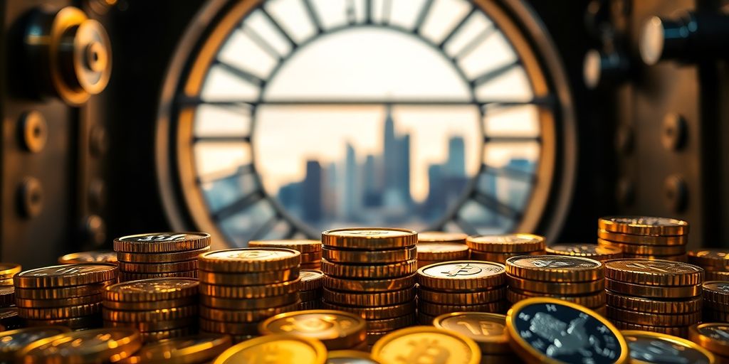 Gold coins, Dallas skyline, secure vault.