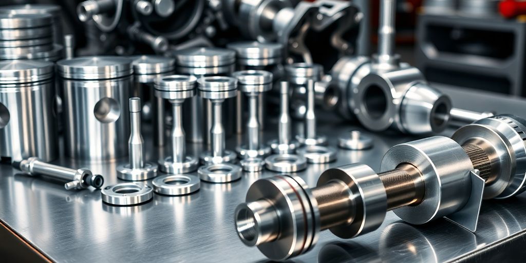 Shining Skoda engine parts on a clean workbench.