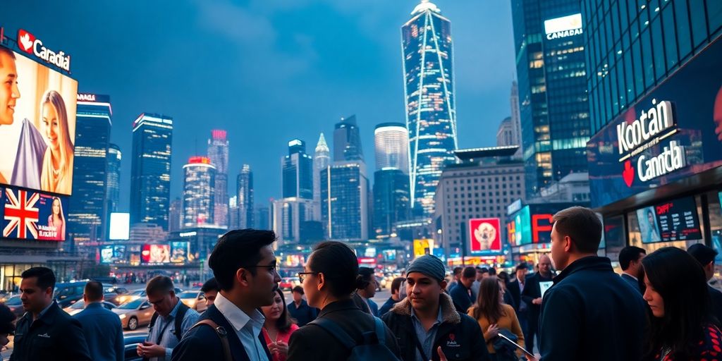 Traders in a Canadian city at night, vibrant atmosphere.