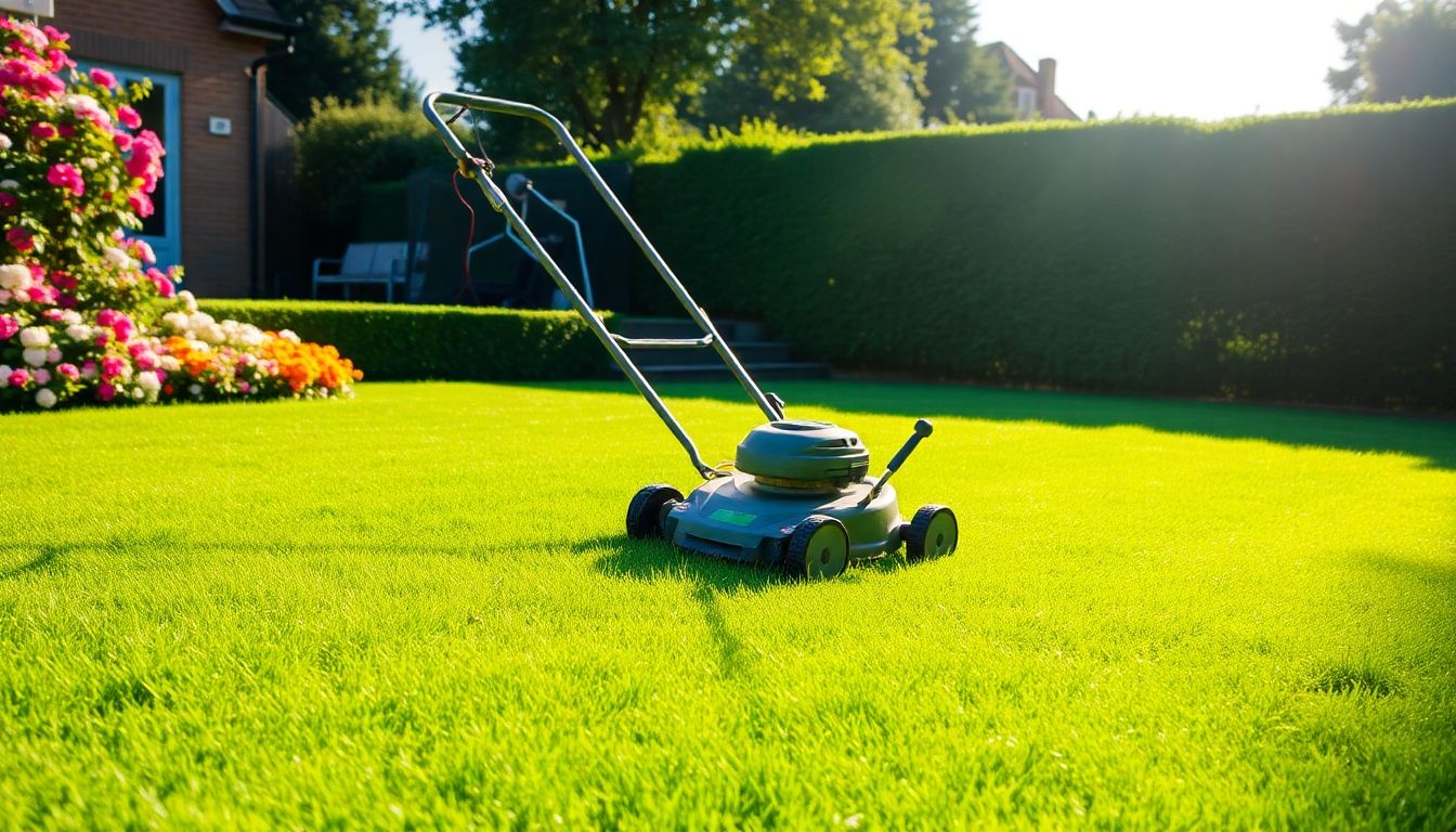 Lawn mowing service in a lush green garden.