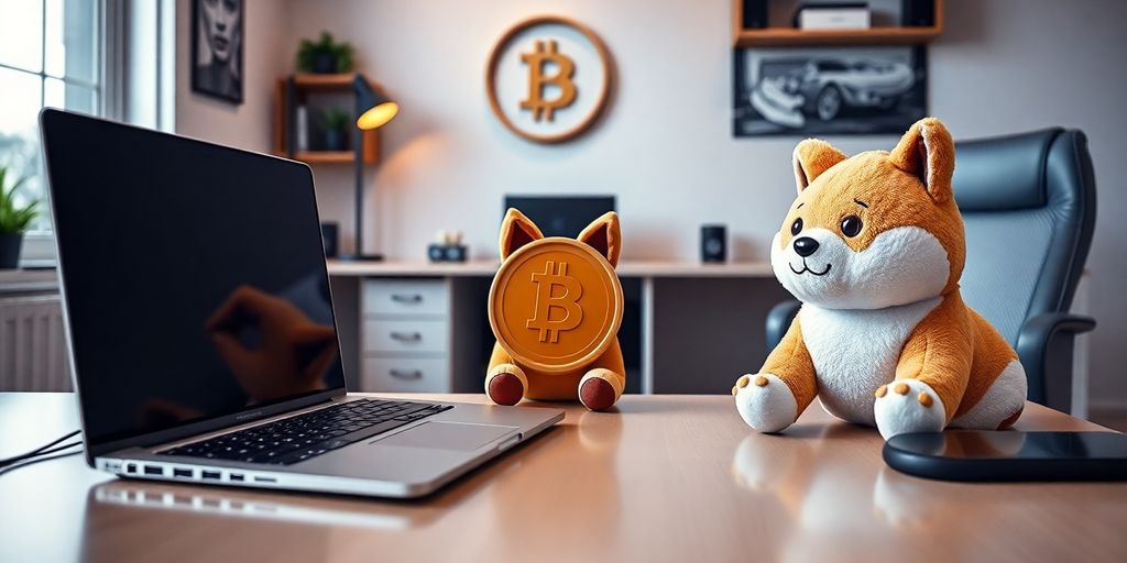 Dogecoin-themed office gear in a modern workspace.
