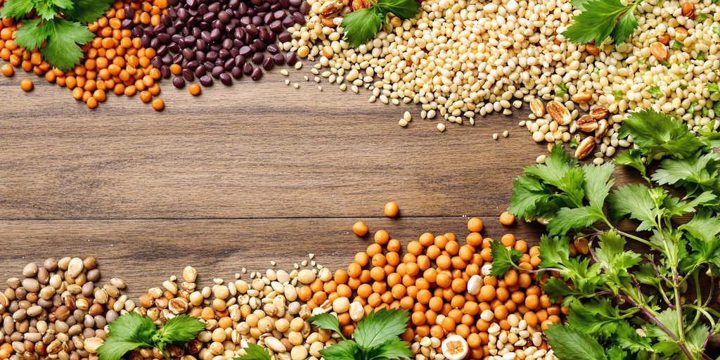 Colorful plant-based protein sources on a wooden table.