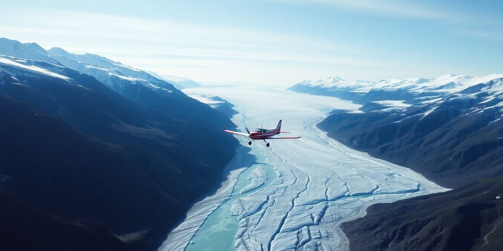 Small tour plane flies low over a vast Alaskan glacier.