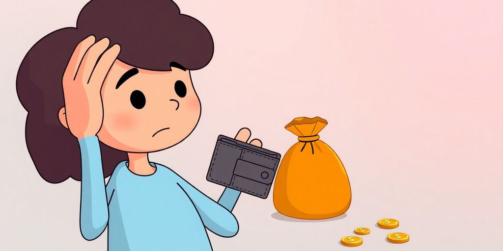 Orange money bag, small yellow coins, gray wallet.