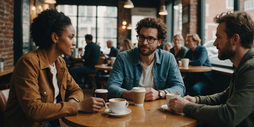 Group discussing ethical non-monogamy at a cafe table.