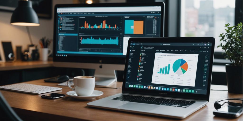 Digital marketing tools and analytics on a laptop in a tech office setting, highlighting benefits for tech companies.