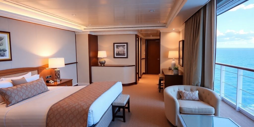 Luxurious cruise ship stateroom with ocean view balcony.