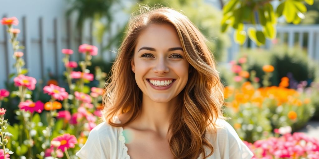 Cheerful woman in sunlit garden with vibrant flowers.