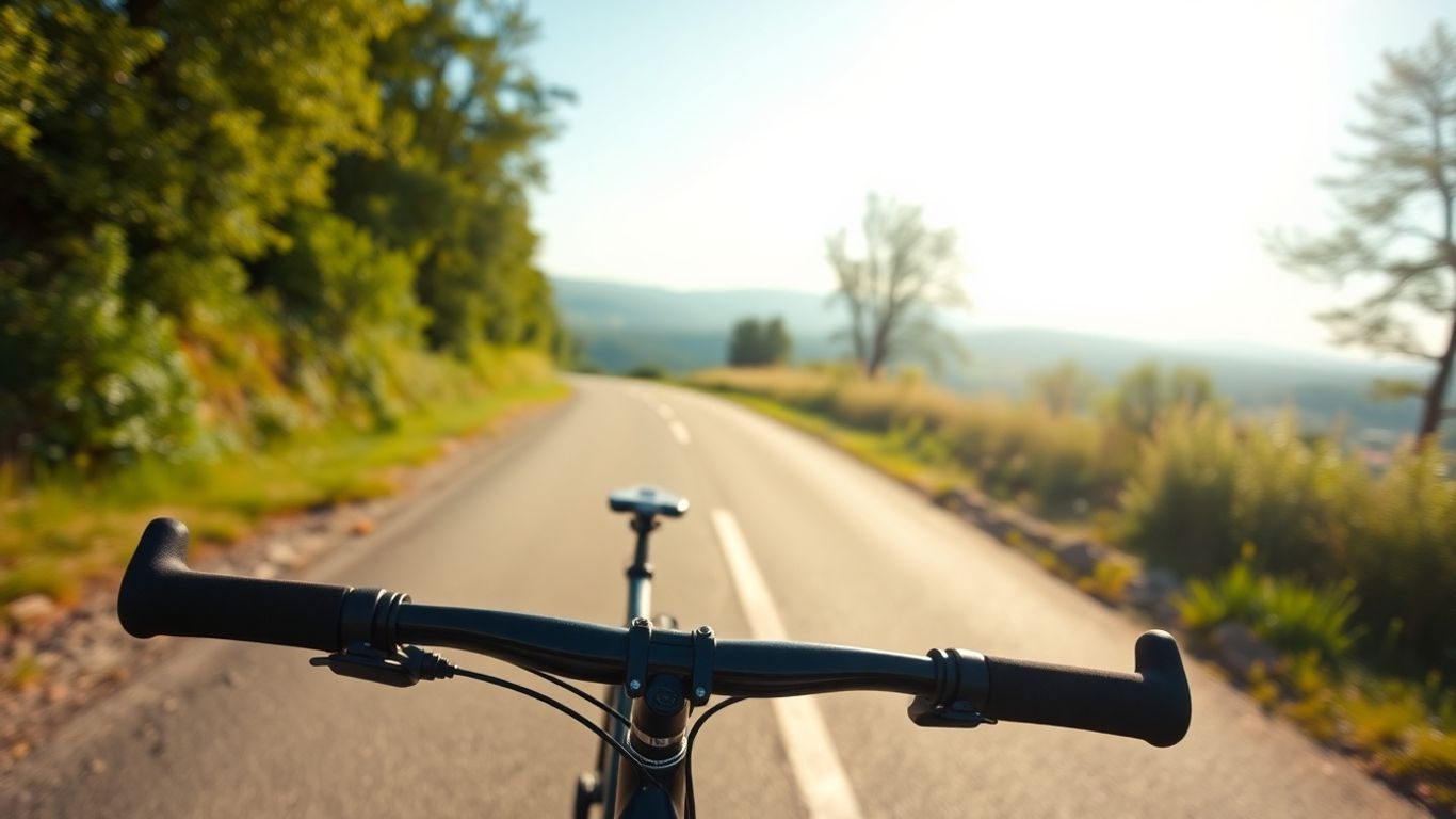 Beginner cyclist on a road bike on a sunny path.