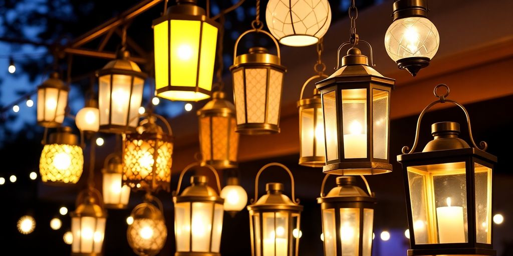 Various lantern lights glowing in a festive outdoor setting.