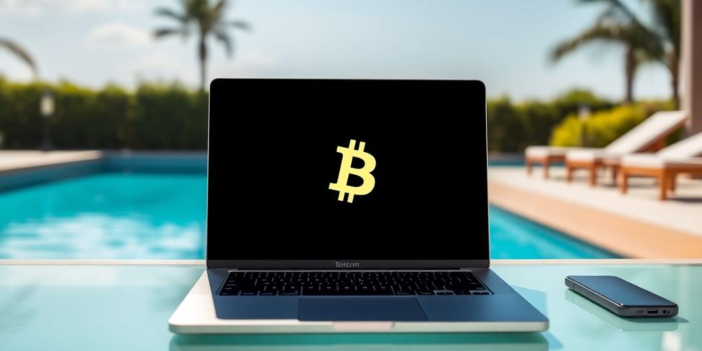 Laptop by a pool, illustrating remote Bitcoin earning.