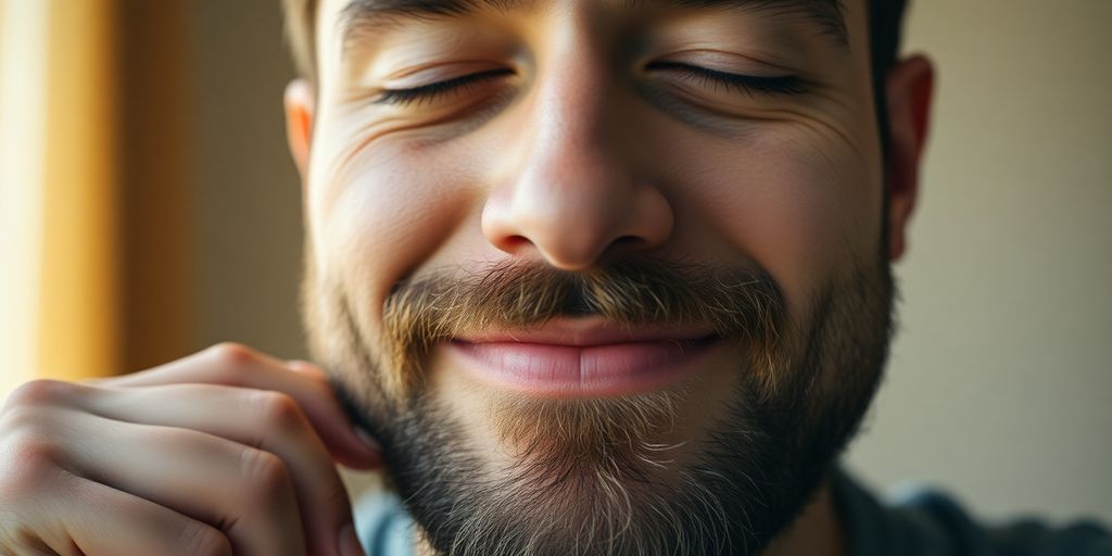 Man with beard scratching chin, looking relieved.