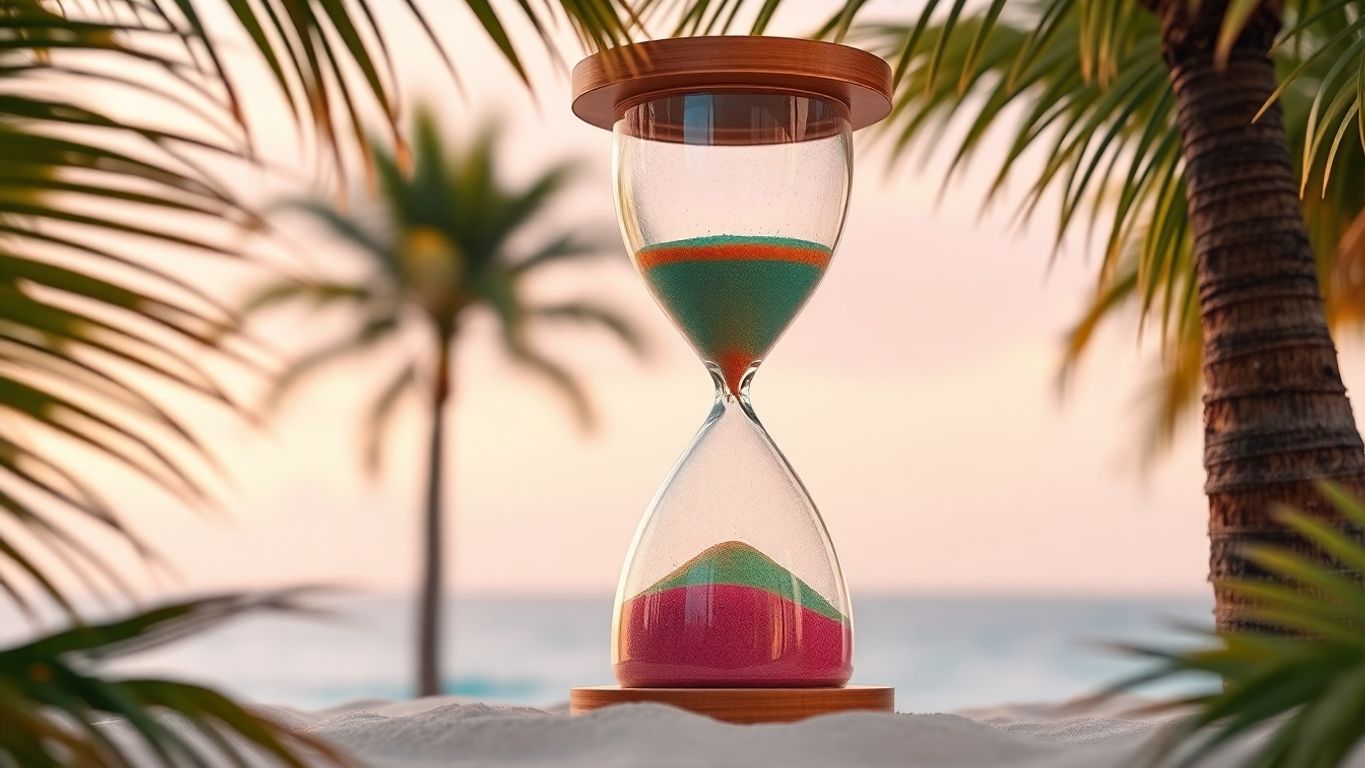 Hourglass shape, colorful sand, vibrant palms.
