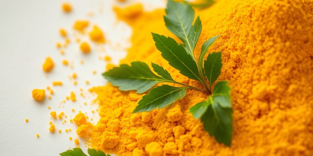 Vibrant turmeric root and powder on a wooden surface, with scattered leaves.