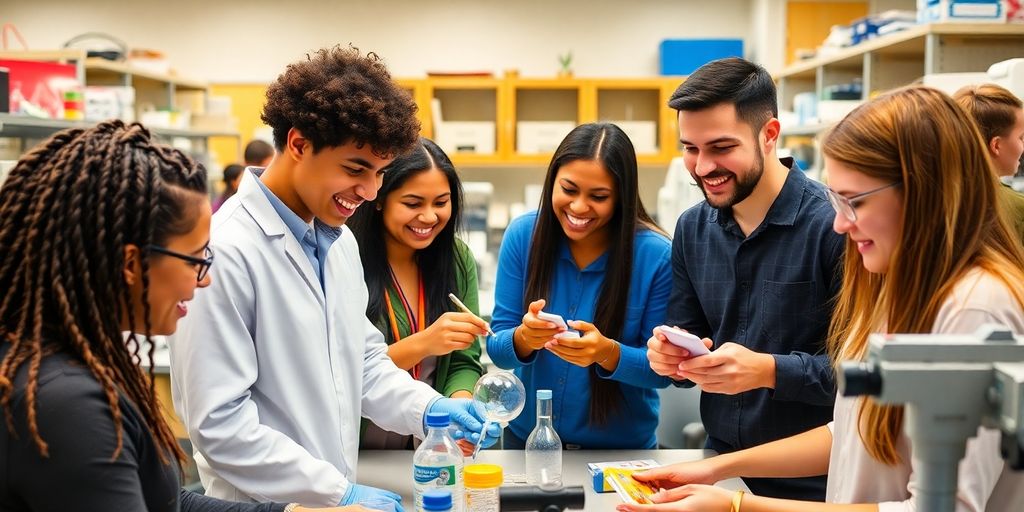Students collaborating on research projects in a modern lab.