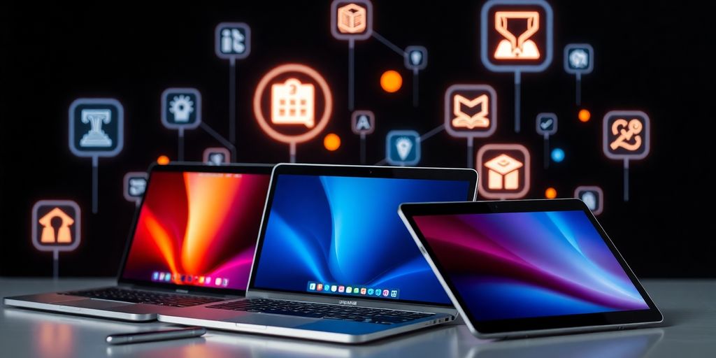 Digital devices and learning icons.