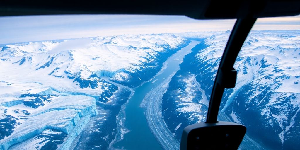An aerial view from a doors-off helicopter over Alaskan glaciers.
