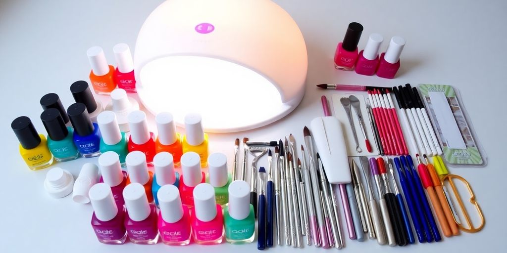 Kit para unhas de gel com esmaltes e ferramentas.