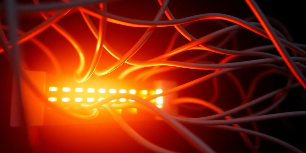 Photograph of network cables and a glowing router.
