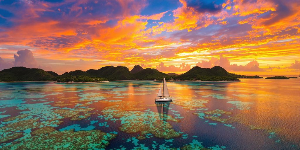 Sailboat on clear waters near Komodo Islands at sunset.