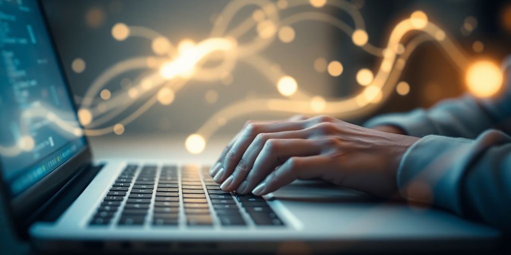 Person coding on laptop surrounded by glowing data