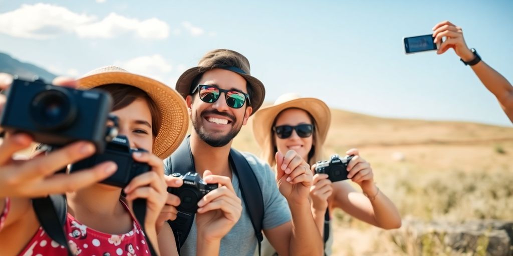 Family smiling, taking photos during a sunny summer vacation.