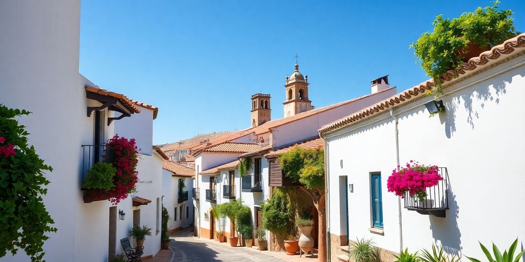 Charming Spanish village, whitewashed houses, terracotta roofs, narrow street.
